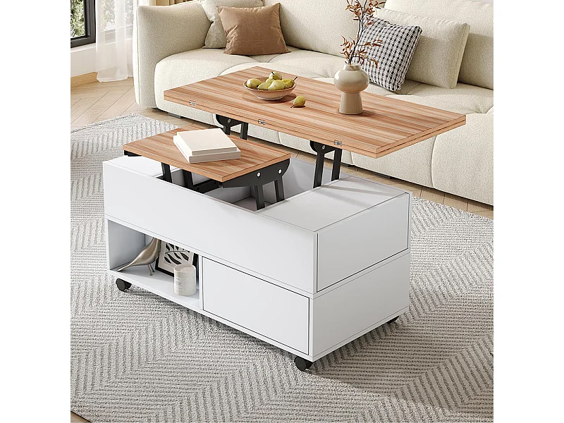 Table basse relevable 4 roulettes 4 tiroirs réglable hauteur rangement multifonctionnelle blanc chêne