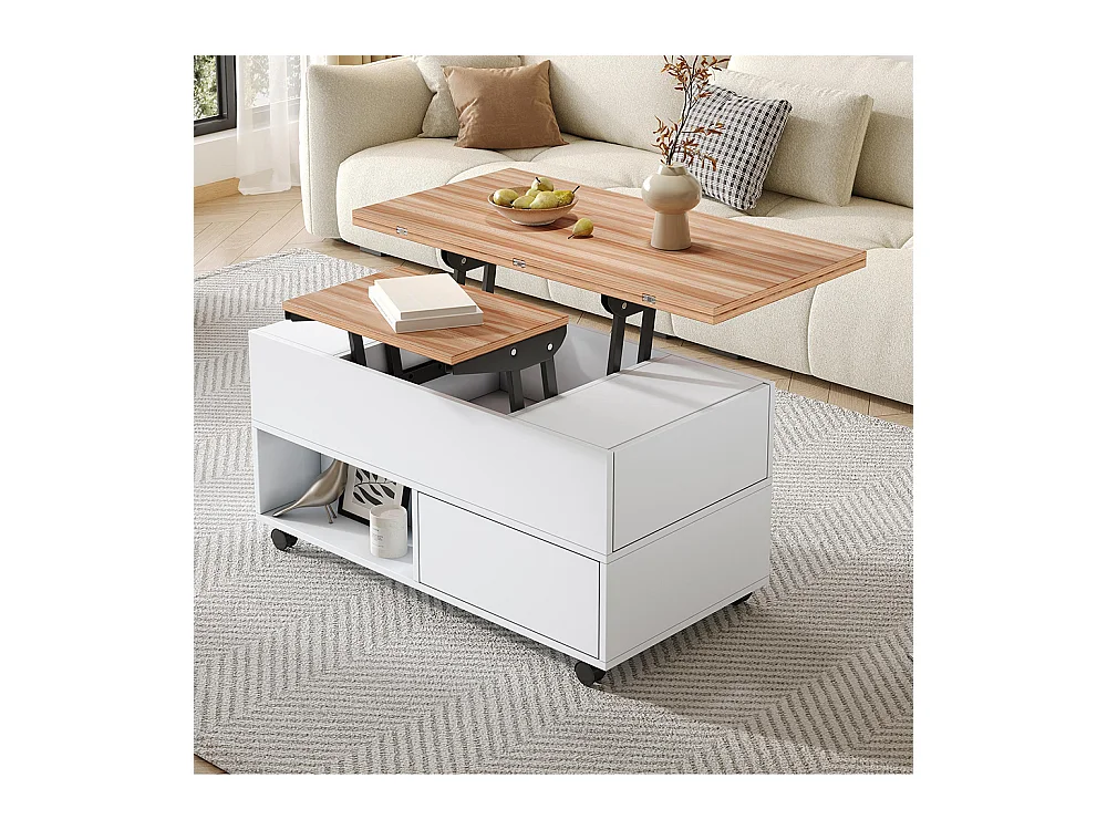 Table basse relevable 4 roulettes 4 tiroirs réglable hauteur rangement multifonctionnelle blanc chêne