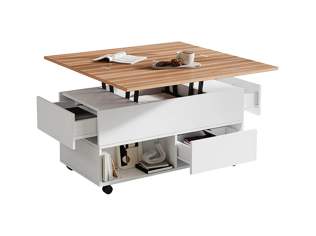 Table basse relevable 4 roulettes 4 tiroirs réglable hauteur rangement multifonctionnelle blanc chêne