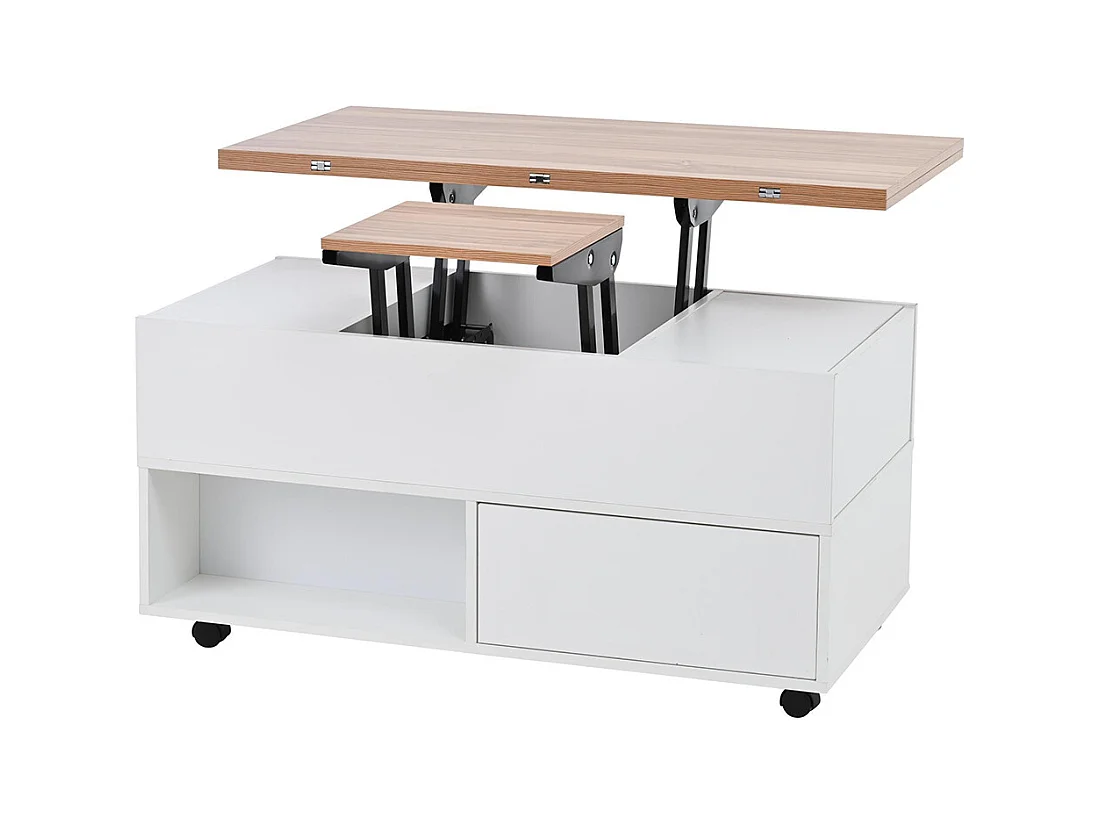 Table basse relevable 4 roulettes 4 tiroirs réglable hauteur rangement multifonctionnelle blanc chêne