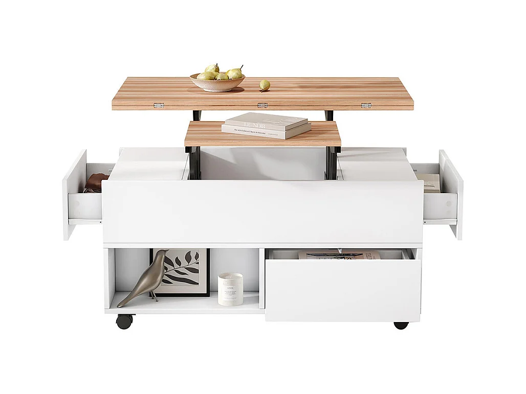 Table basse relevable 4 roulettes 4 tiroirs réglable hauteur rangement multifonctionnelle blanc chêne