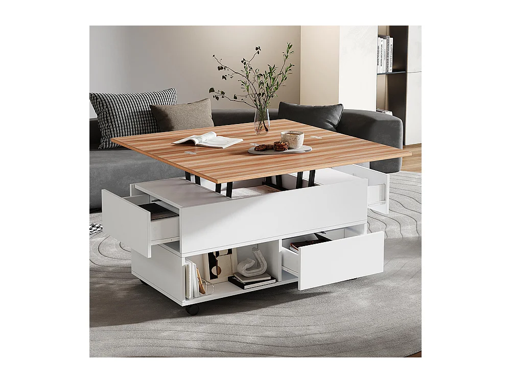 Table basse relevable 4 roulettes 4 tiroirs réglable hauteur rangement multifonctionnelle blanc chêne