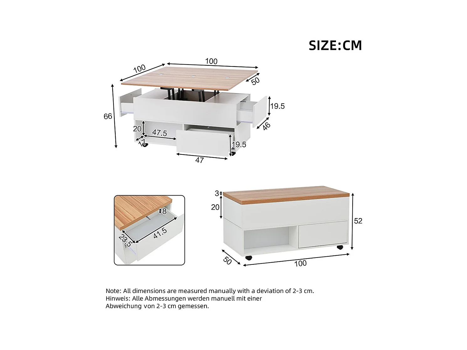 Table basse relevable 4 roulettes 4 tiroirs réglable hauteur rangement multifonctionnelle blanc chêne