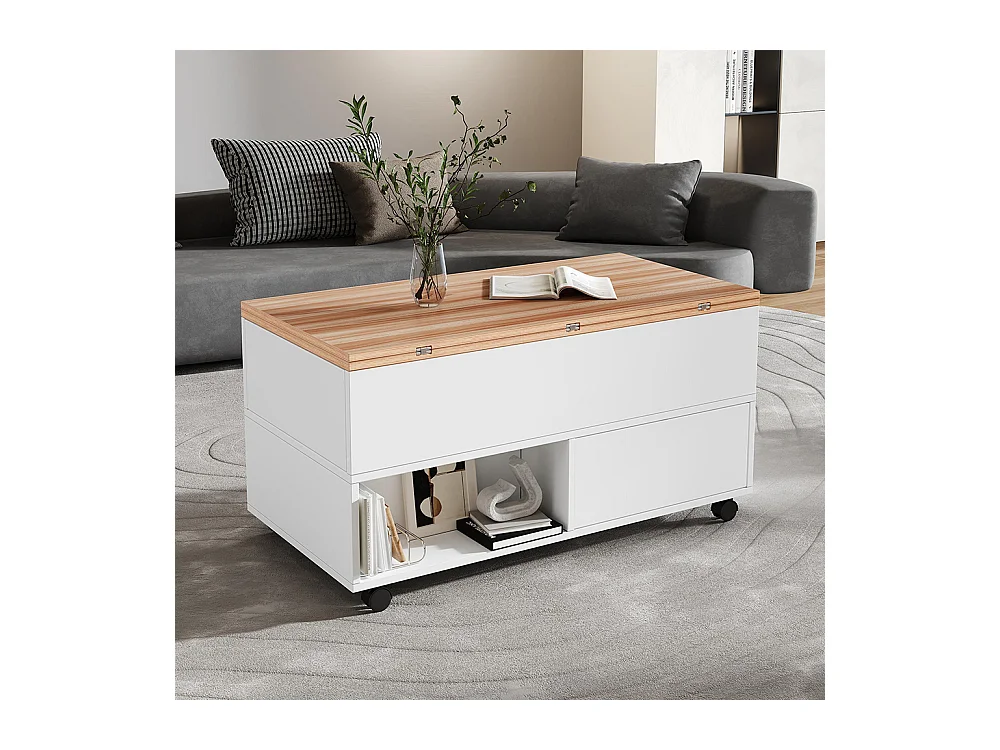 Table basse relevable 4 roulettes 4 tiroirs réglable hauteur rangement multifonctionnelle blanc chêne