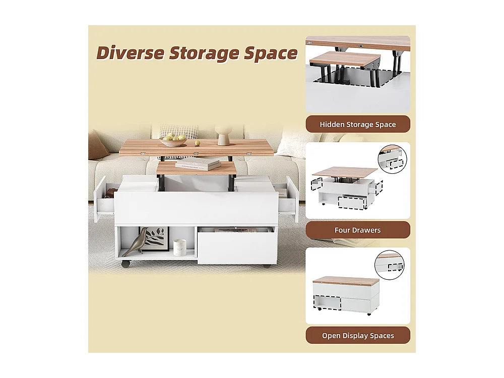 Table basse relevable 4 roulettes 4 tiroirs réglable hauteur rangement multifonctionnelle blanc chêne
