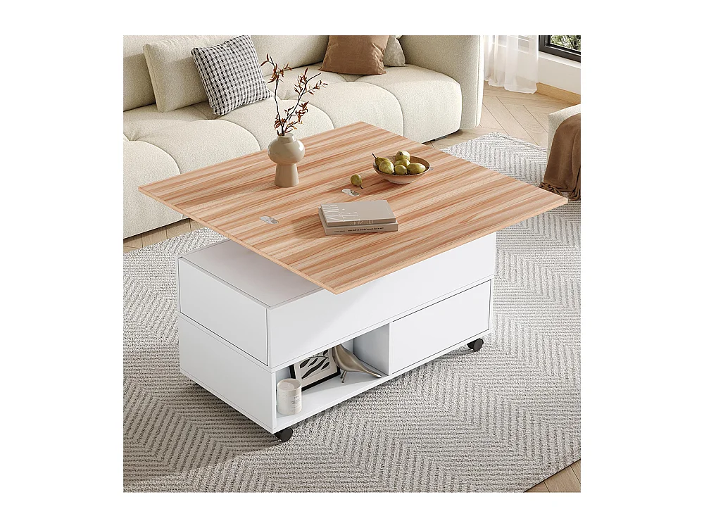 Table basse relevable 4 roulettes 4 tiroirs réglable hauteur rangement multifonctionnelle blanc chêne