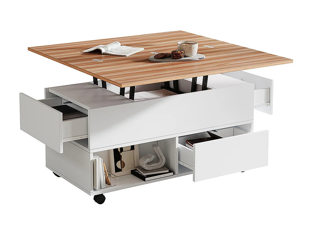 Table basse relevable 4 roulettes 4 tiroirs réglable hauteur rangement multifonctionnelle blanc chêne