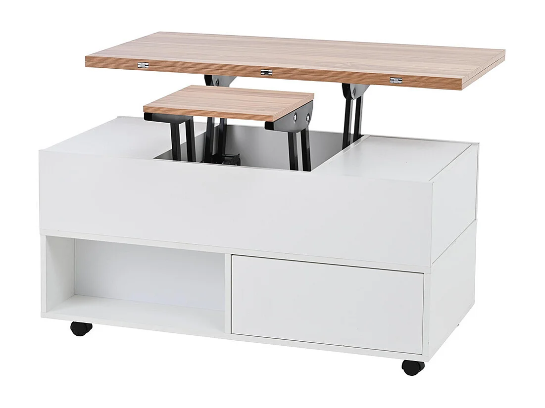 Table basse relevable 4 roulettes 4 tiroirs réglable hauteur rangement multifonctionnelle blanc chêne