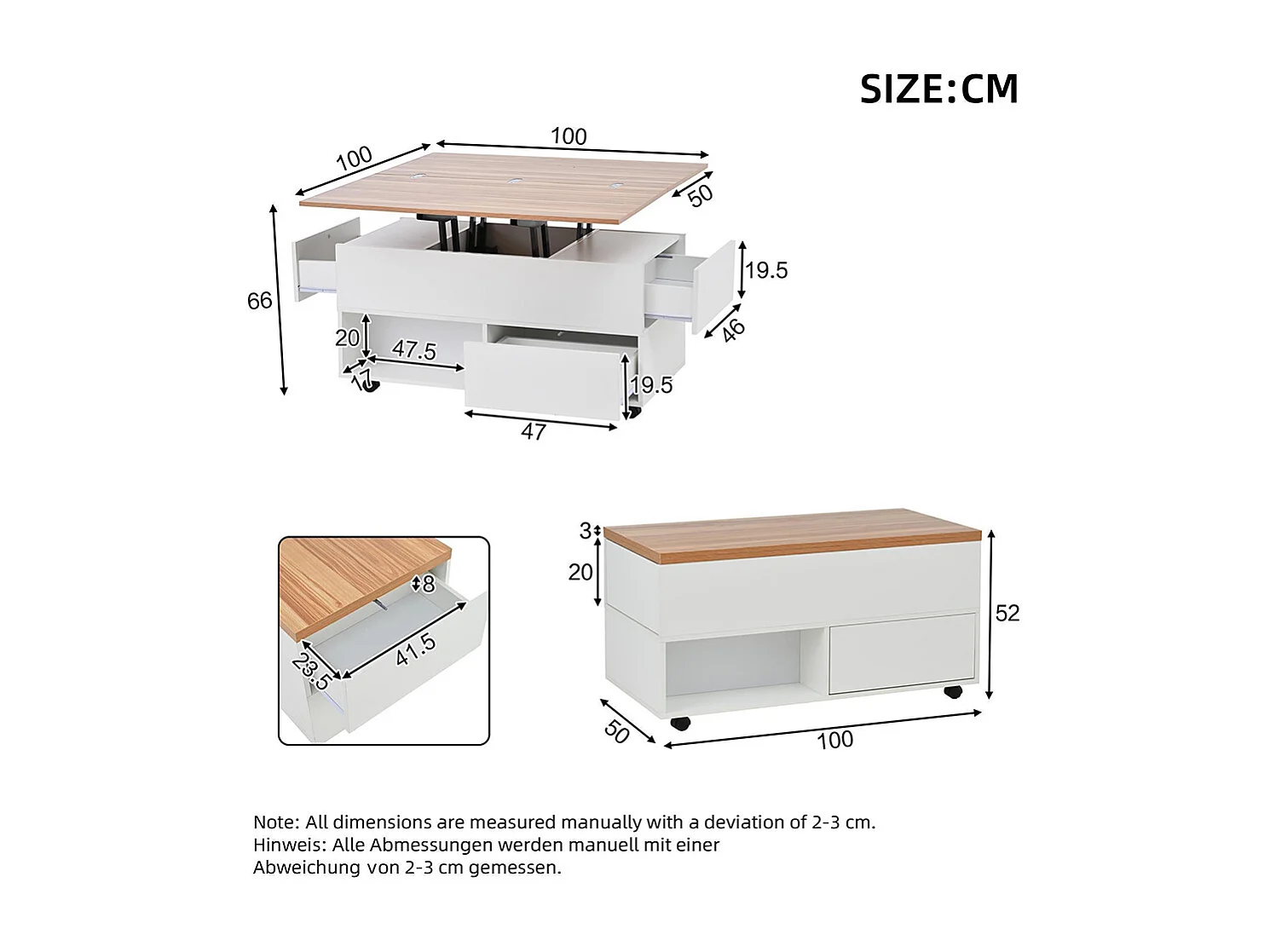 Table basse relevable 4 roulettes 4 tiroirs réglable hauteur rangement multifonctionnelle blanc chêne