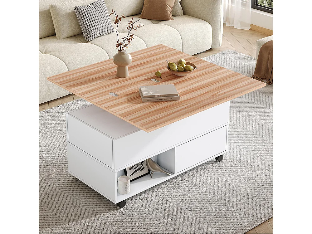 Table basse relevable 4 roulettes 4 tiroirs réglable hauteur rangement multifonctionnelle blanc chêne