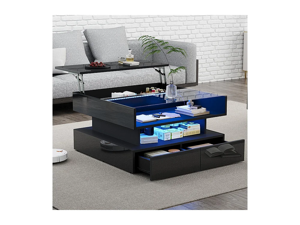Table basse relevable hauteur rangement caché 2 tiroirs LED éclairage brillante verre trempé noir salon