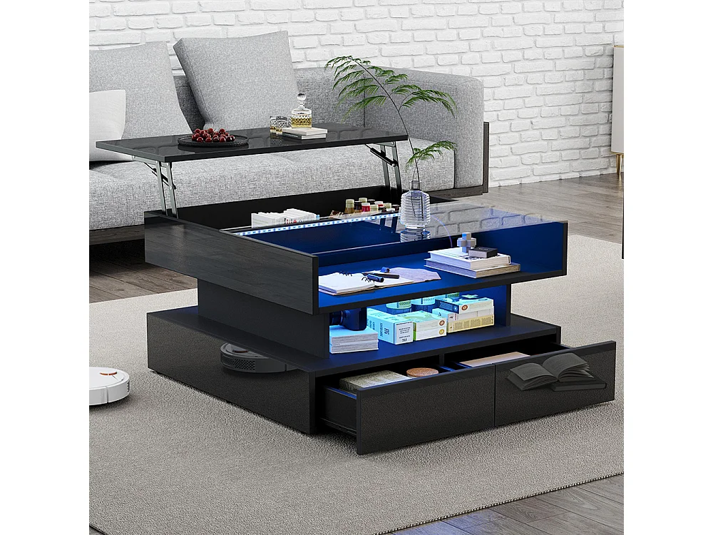 Table basse relevable hauteur rangement caché 2 tiroirs LED éclairage brillante verre trempé noir salon