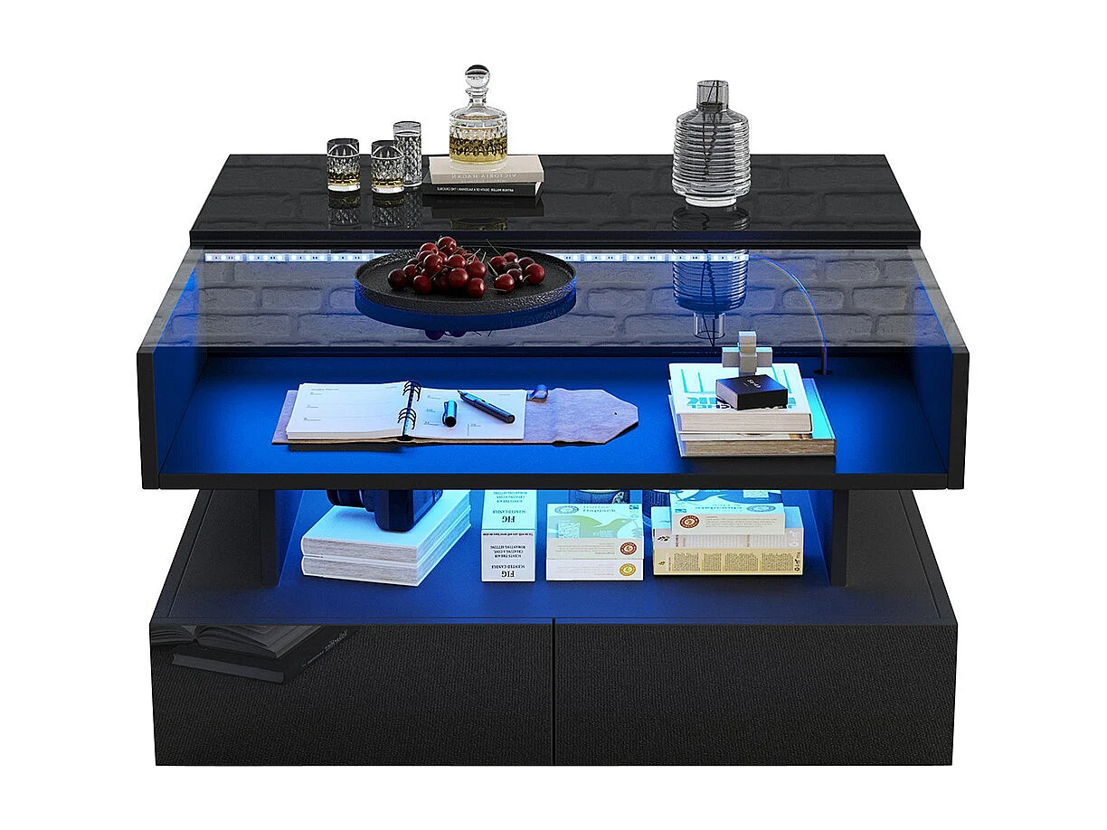 Table basse relevable hauteur rangement caché 2 tiroirs LED éclairage brillante verre trempé noir salon