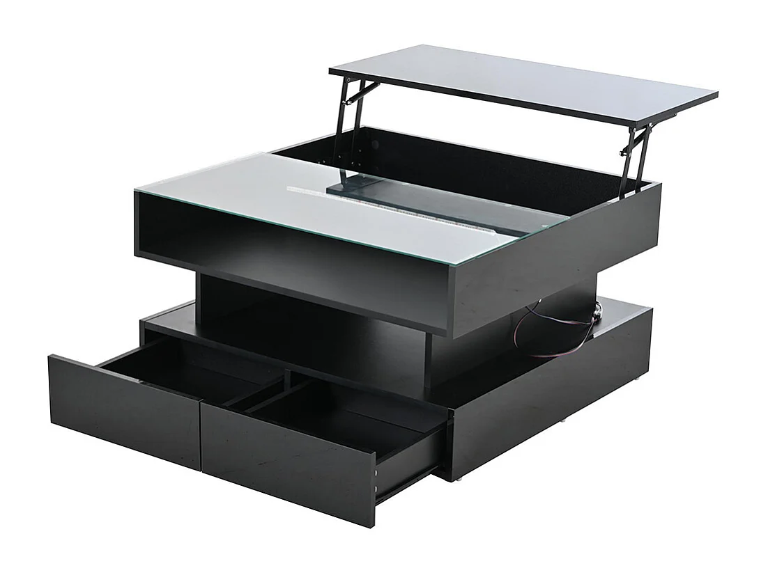Table basse relevable hauteur rangement caché 2 tiroirs LED éclairage brillante verre trempé noir salon