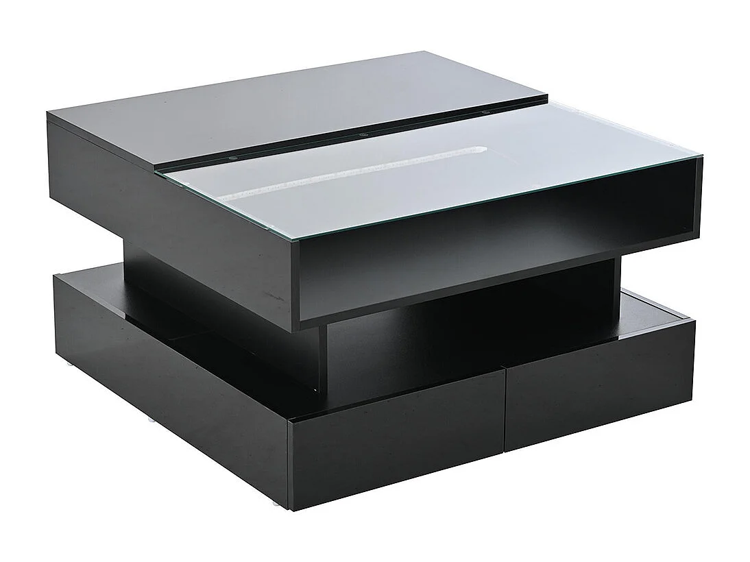 Table basse relevable hauteur rangement caché 2 tiroirs LED éclairage brillante verre trempé noir salon