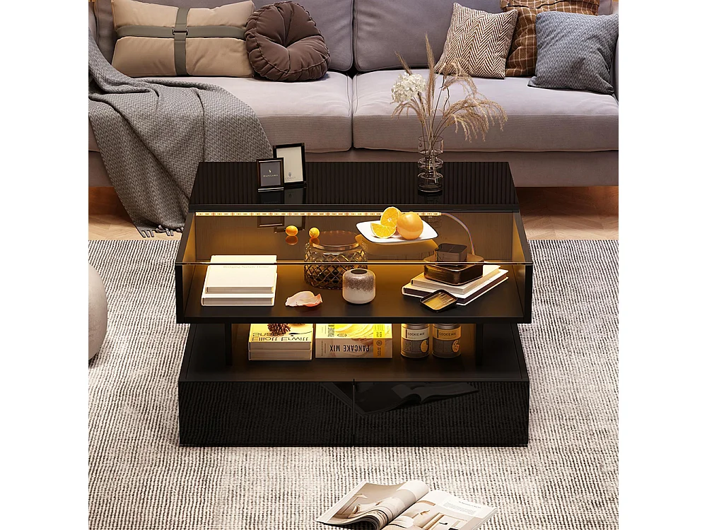 Table basse relevable hauteur rangement caché 2 tiroirs LED éclairage brillante verre trempé noir salon