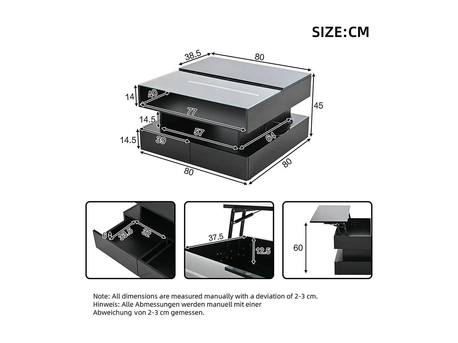 Table basse relevable hauteur rangement caché 2 tiroirs LED éclairage brillante verre trempé noir salon