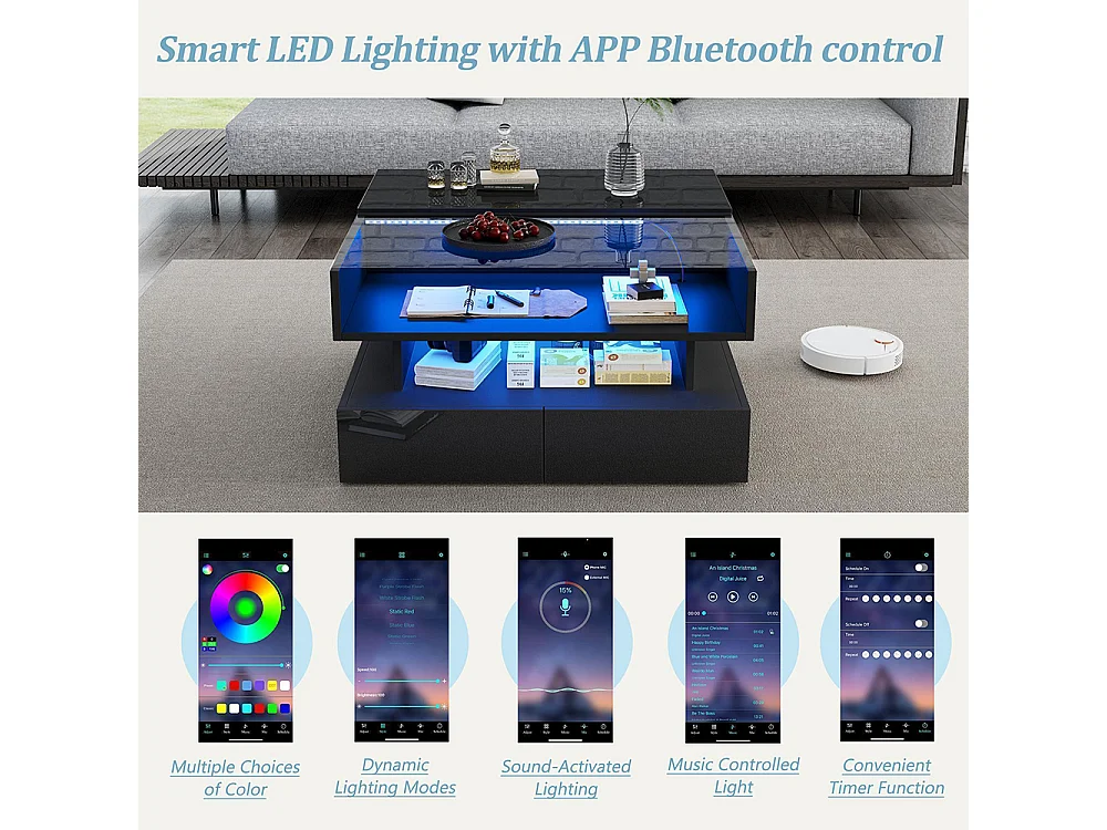 Table basse relevable hauteur rangement caché 2 tiroirs LED éclairage brillante verre trempé noir salon