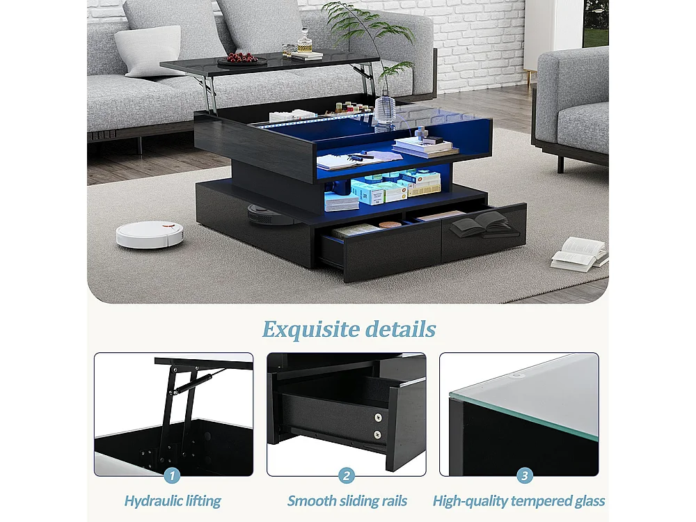 Table basse relevable hauteur rangement caché 2 tiroirs LED éclairage brillante verre trempé noir salon