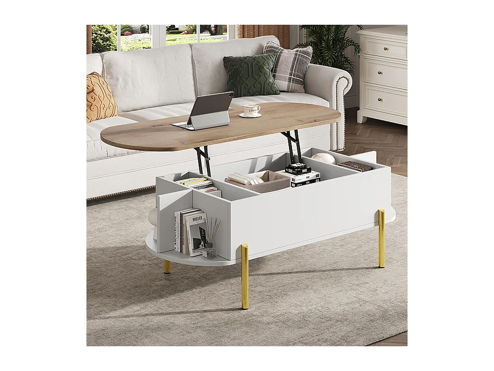 Table basse relevable plateau réglable rangement caché 7 surfaces bois blanc salon