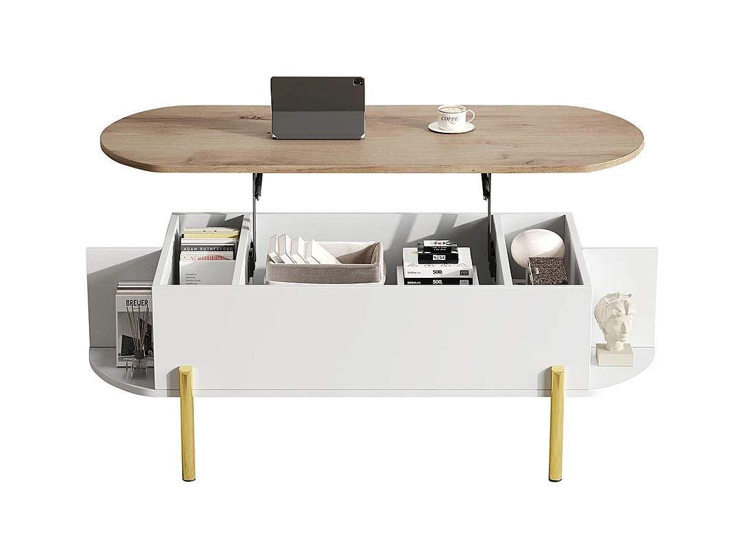 Table basse relevable plateau réglable rangement caché 7 surfaces bois blanc salon