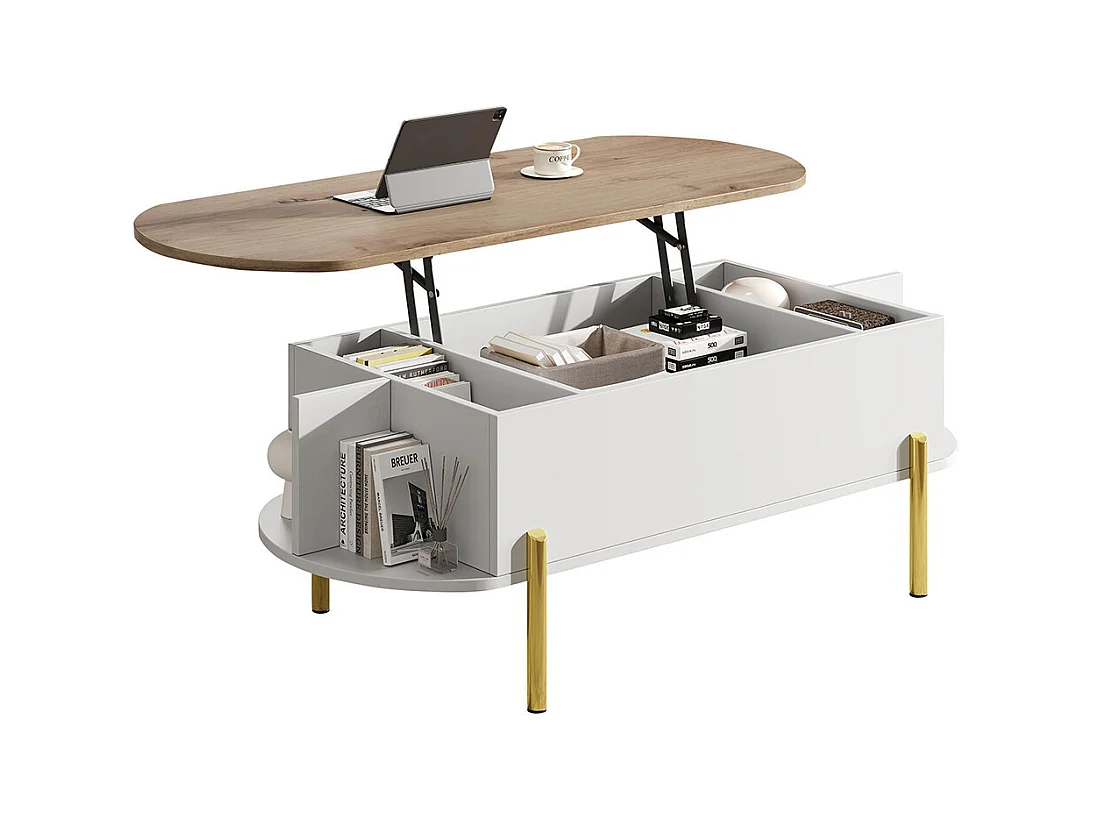 Table basse relevable plateau réglable rangement caché 7 surfaces bois blanc salon