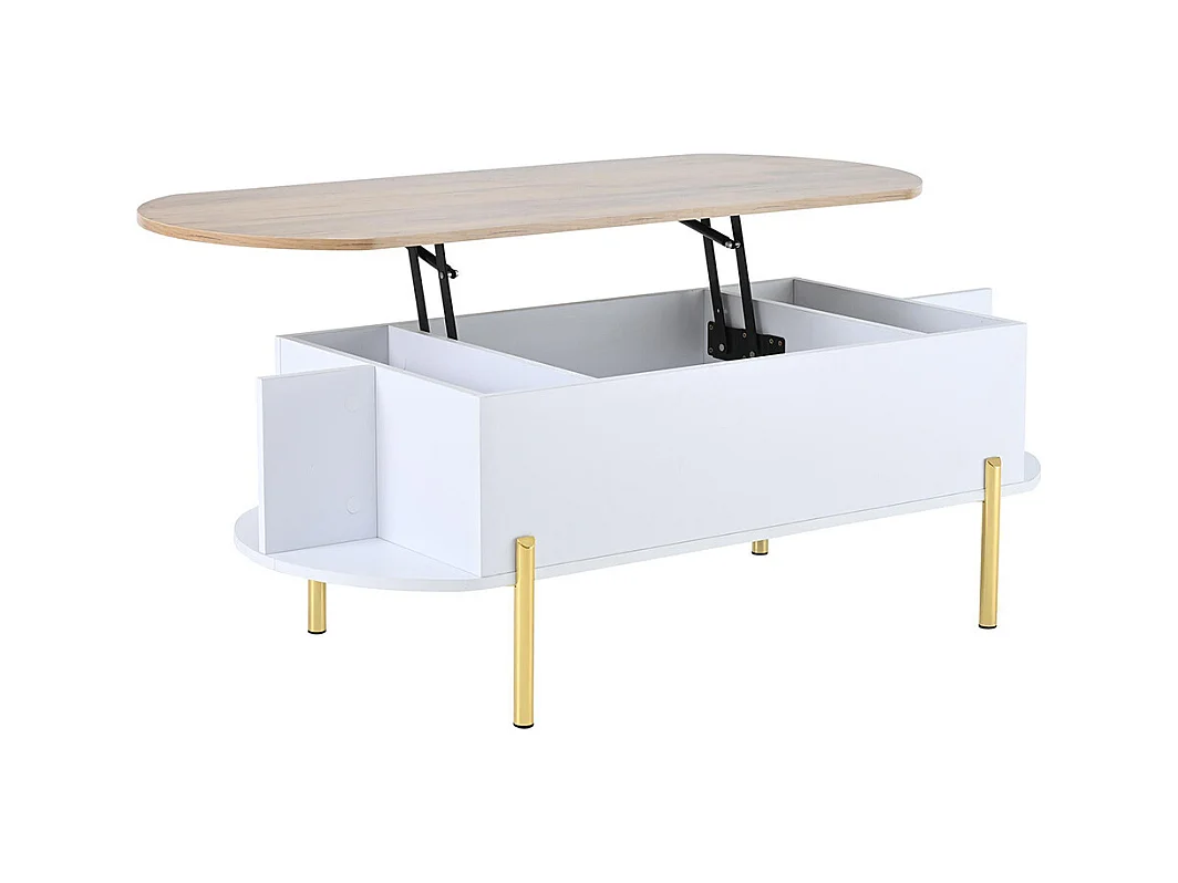 Table basse relevable plateau réglable rangement caché 7 surfaces bois blanc salon