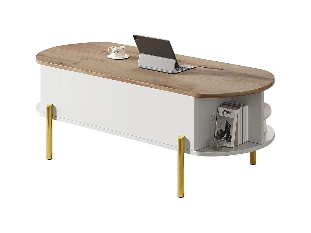 Table basse relevable plateau réglable rangement caché 7 surfaces bois blanc salon