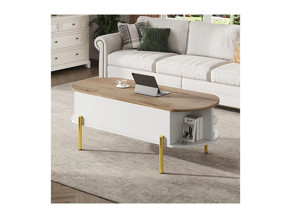 Table basse relevable plateau réglable rangement caché 7 surfaces bois blanc salon