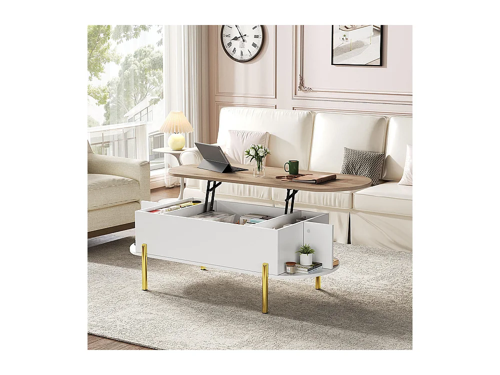 Table basse relevable plateau réglable rangement caché 7 surfaces bois blanc salon