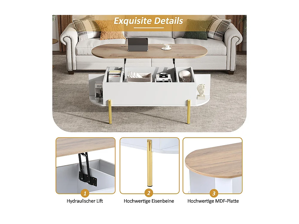 Table basse relevable plateau réglable rangement caché 7 surfaces bois blanc salon