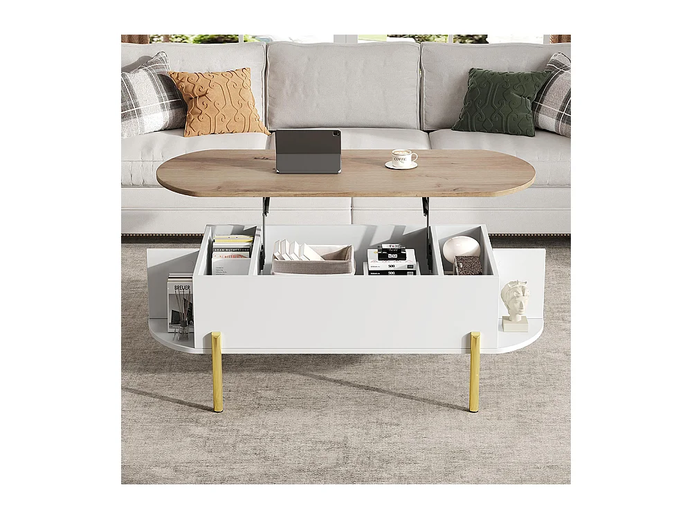 Table basse relevable plateau réglable rangement caché 7 surfaces bois blanc salon