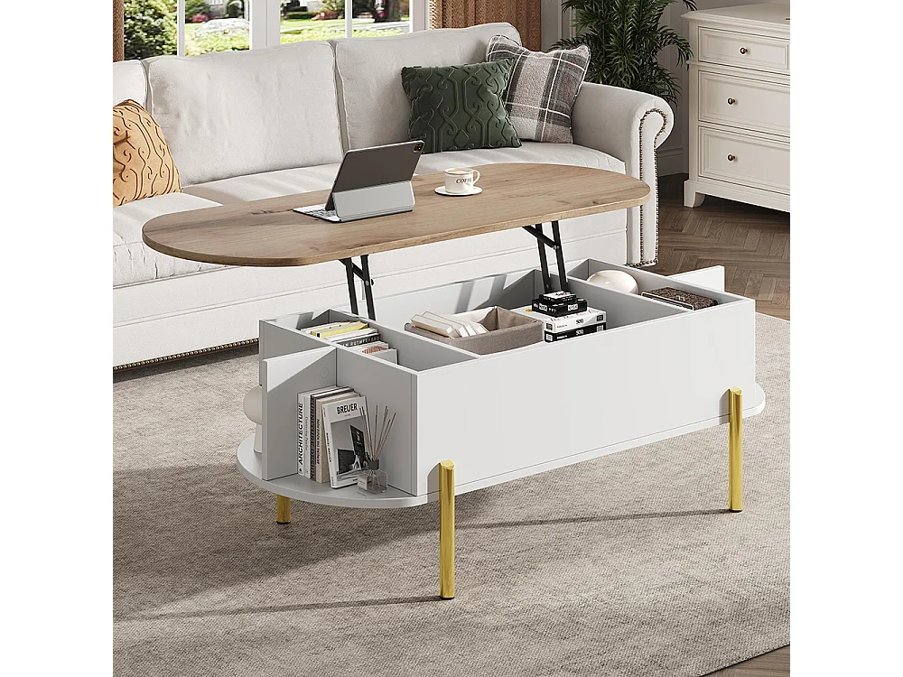 Table basse relevable plateau réglable rangement caché 7 surfaces bois blanc salon