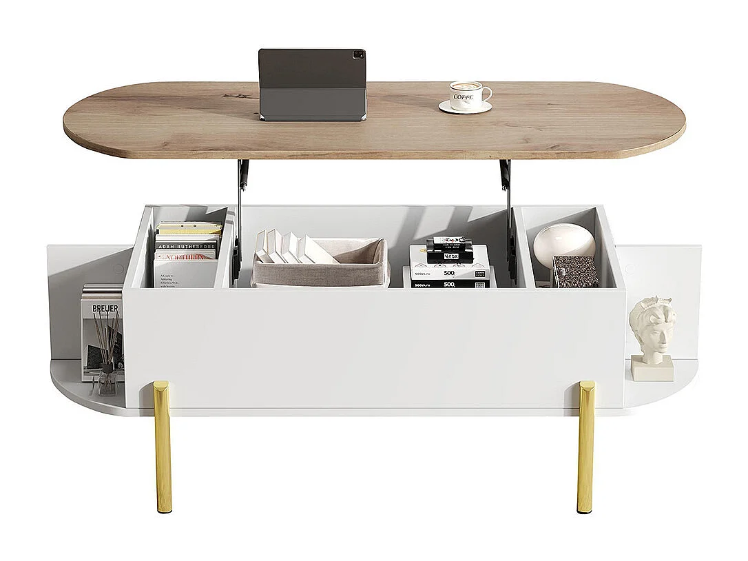 Table basse relevable plateau réglable rangement caché 7 surfaces bois blanc salon