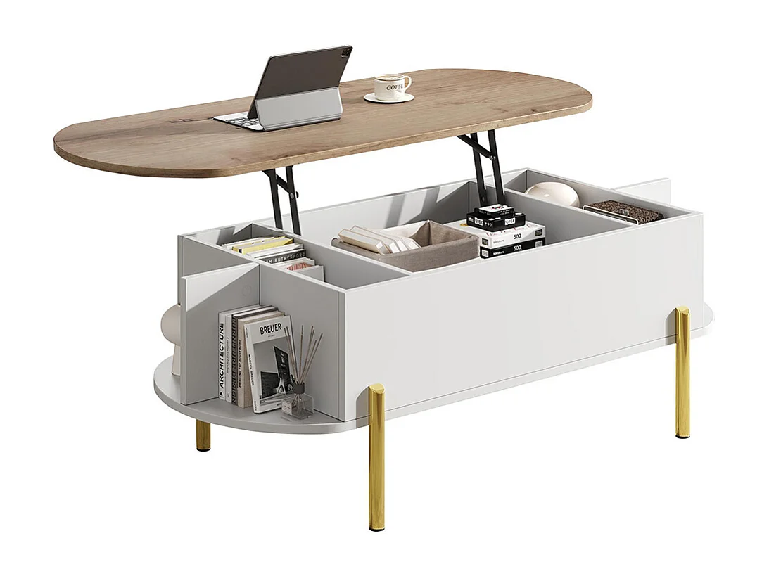 Table basse relevable plateau réglable rangement caché 7 surfaces bois blanc salon