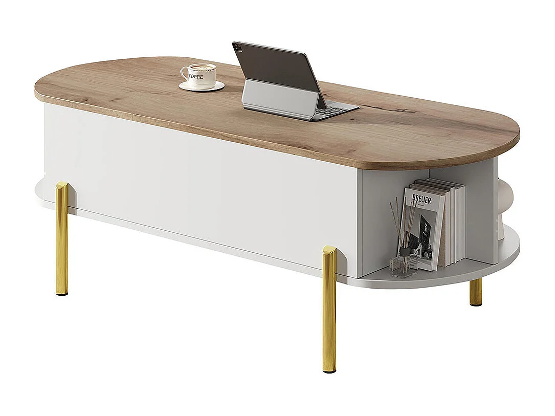 Table basse relevable plateau réglable rangement caché 7 surfaces bois blanc salon