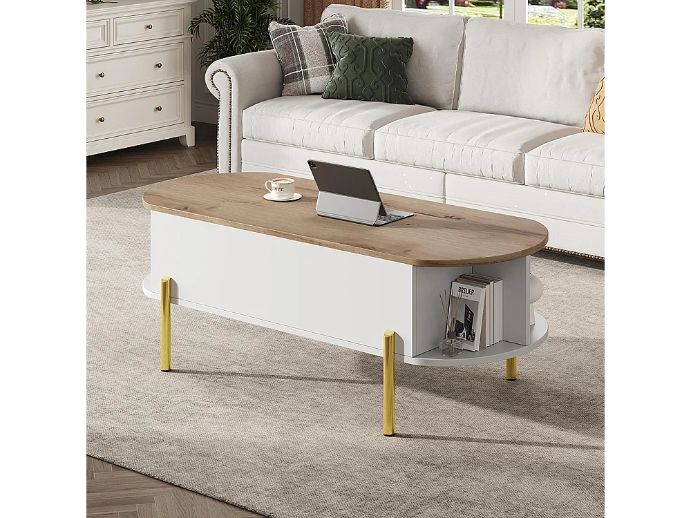 Table basse relevable plateau réglable rangement caché 7 surfaces bois blanc salon