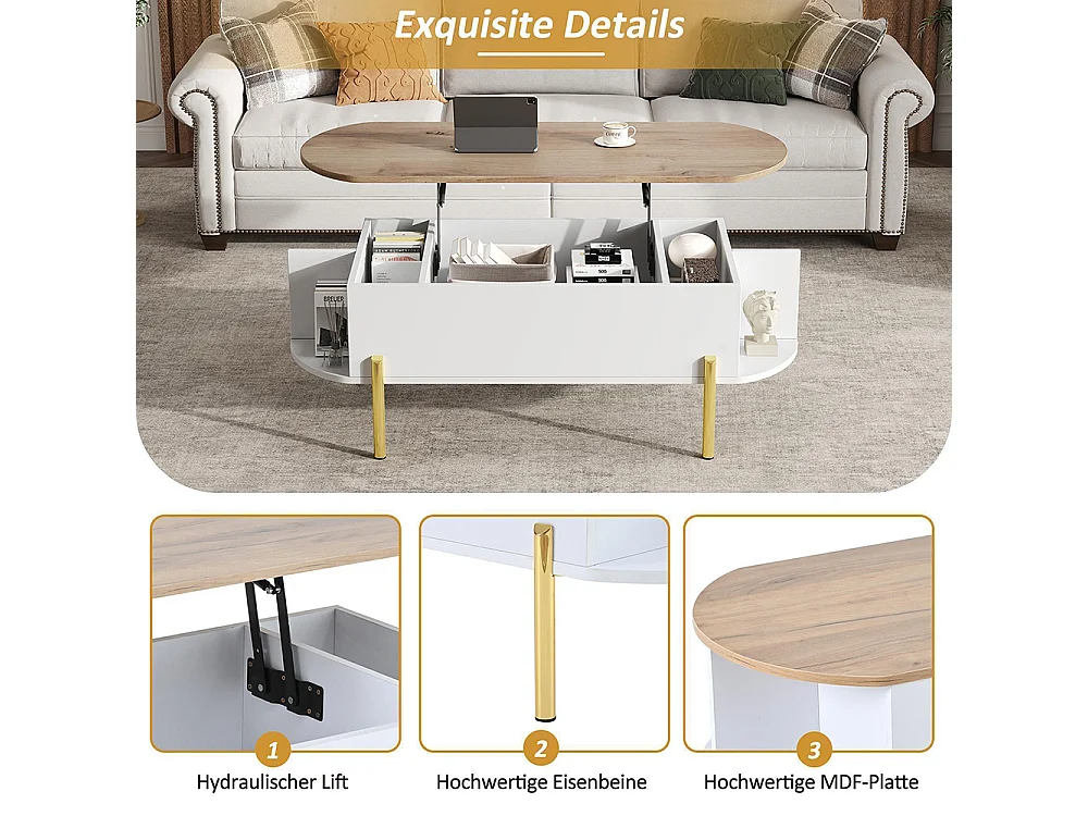 Table basse relevable plateau réglable rangement caché 7 surfaces bois blanc salon