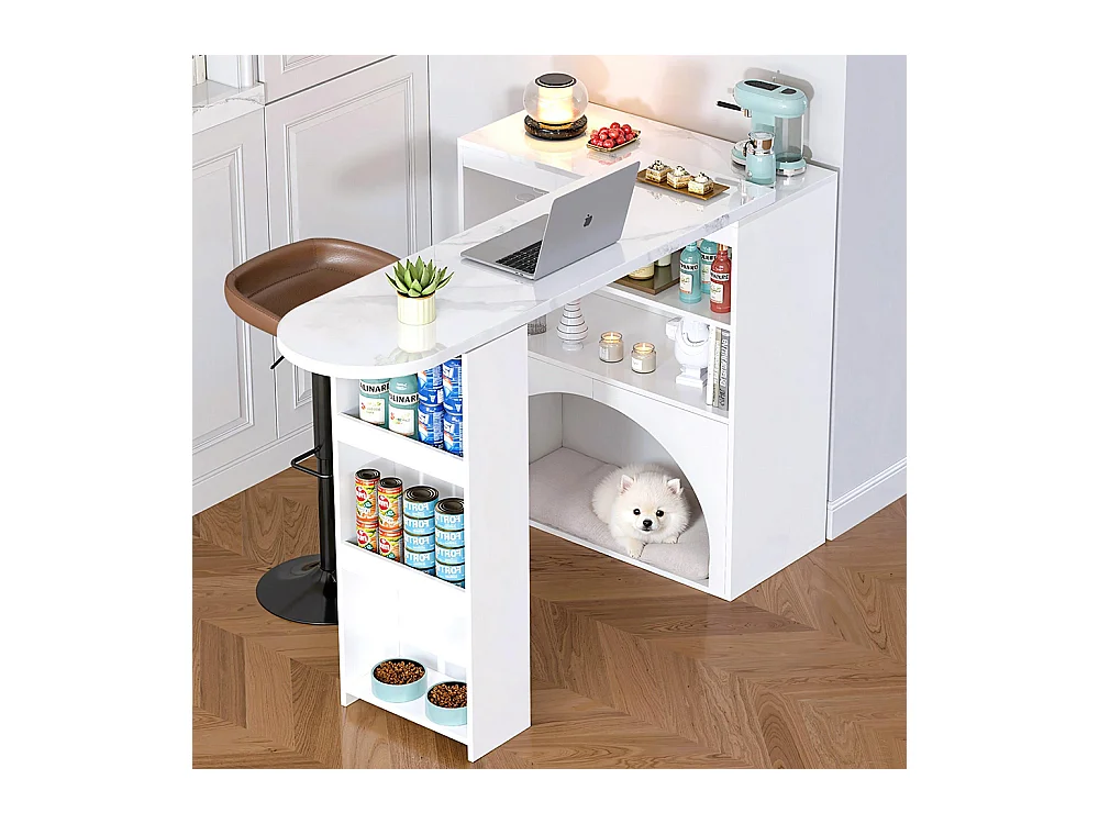 Table bar extensible pivotante espace animaux sans gamelle plateau marbre blanc