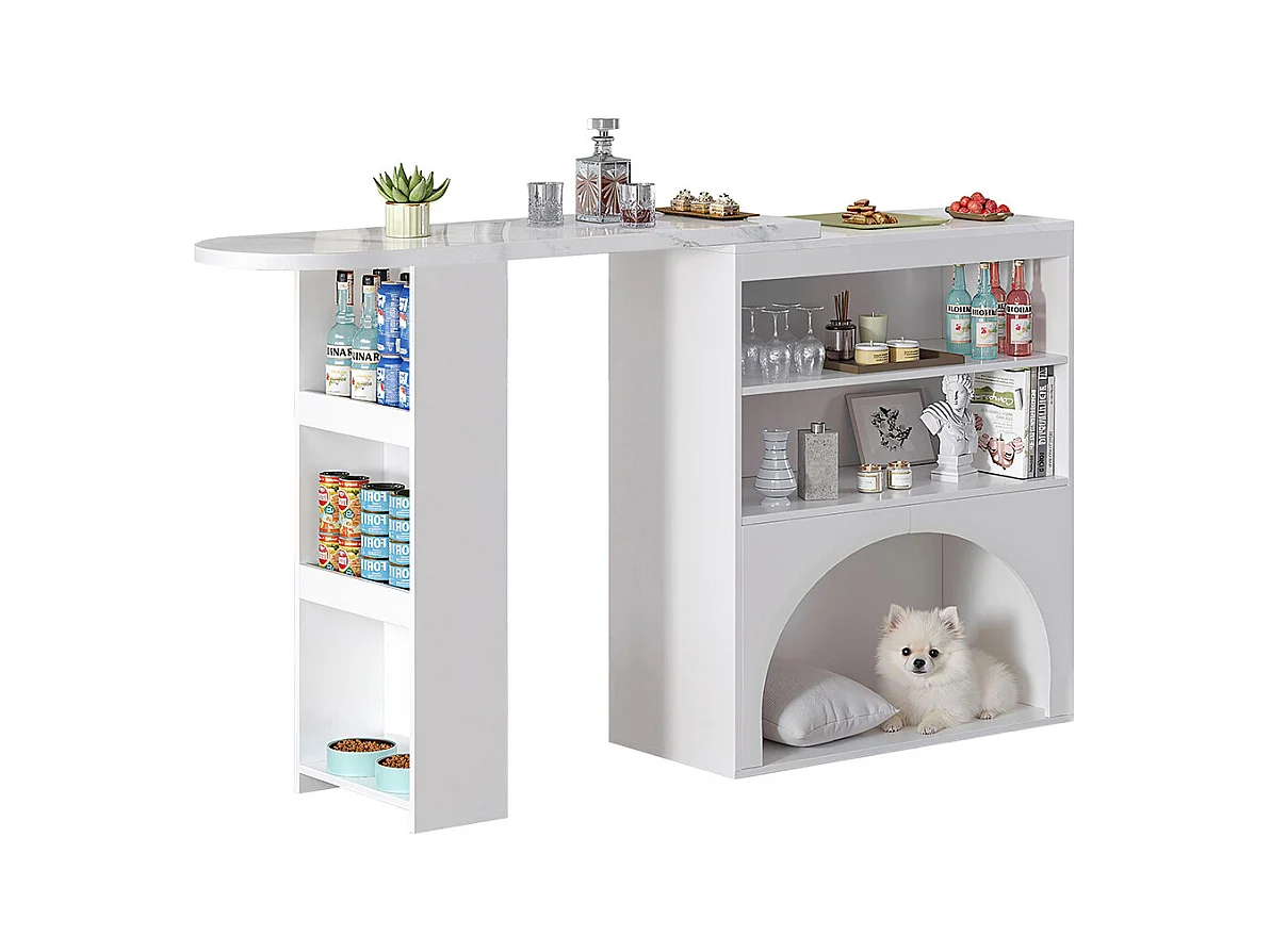 Table bar extensible pivotante espace animaux sans gamelle plateau marbre blanc