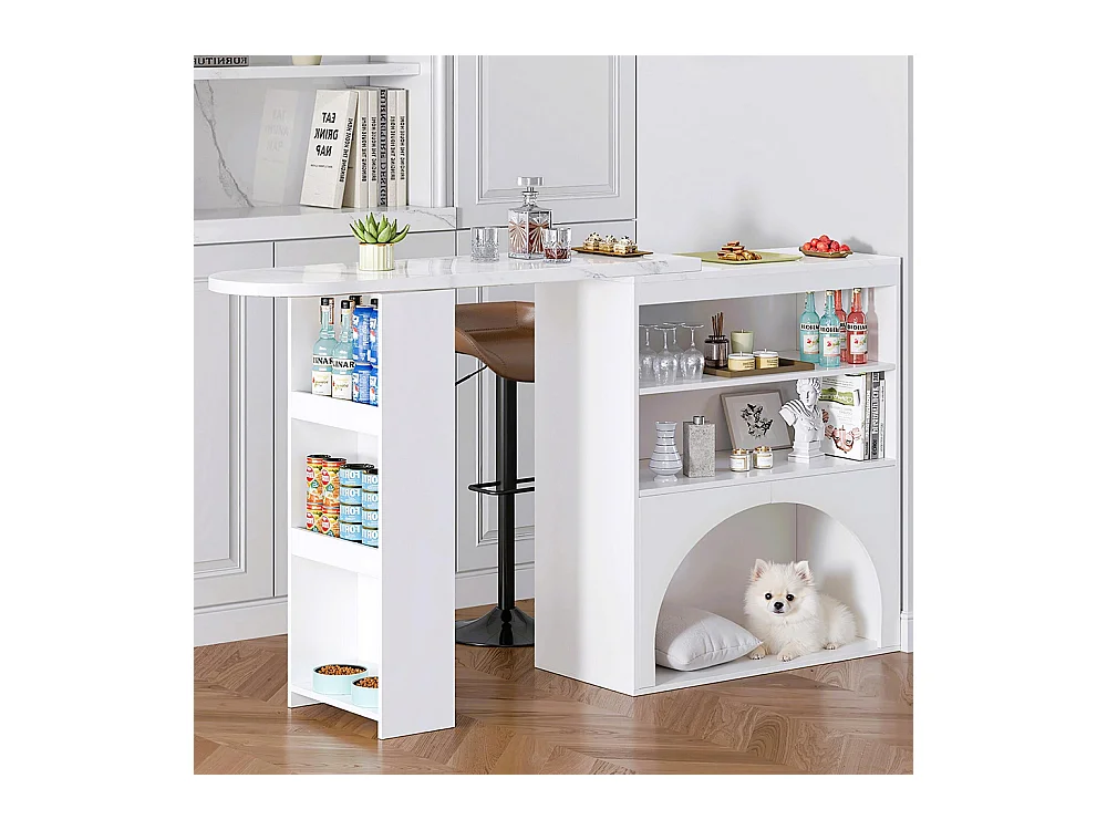 Table bar extensible pivotante espace animaux sans gamelle plateau marbre blanc