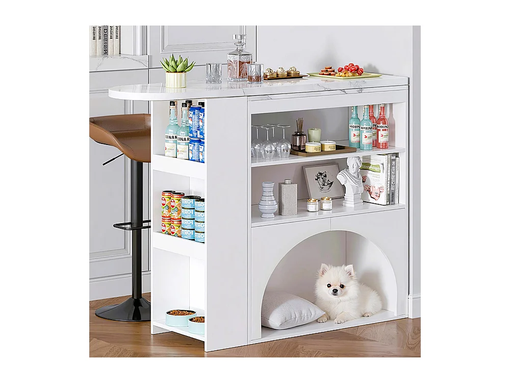 Table bar extensible pivotante espace animaux sans gamelle plateau marbre blanc