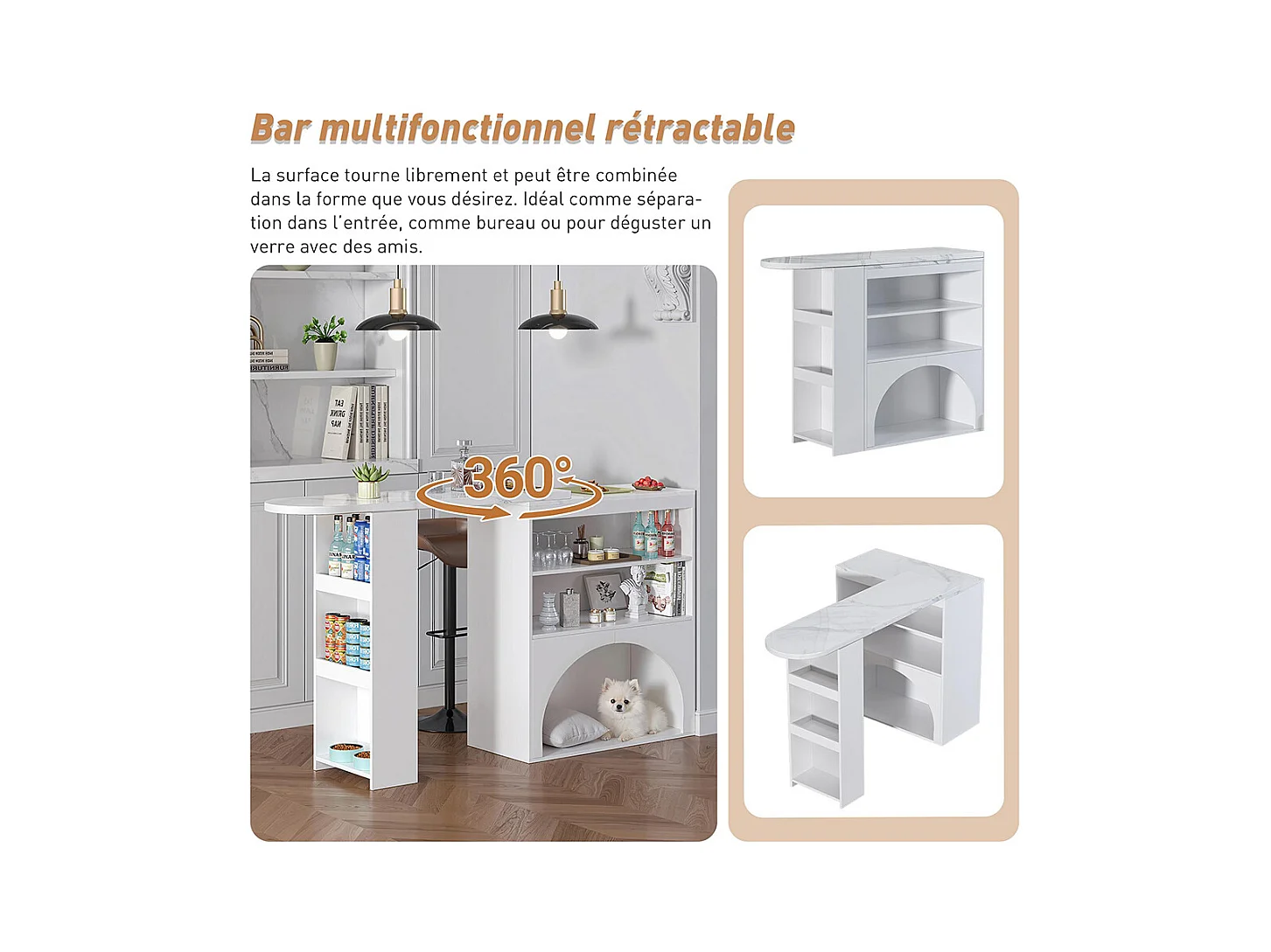 Table bar extensible pivotante espace animaux sans gamelle plateau marbre blanc