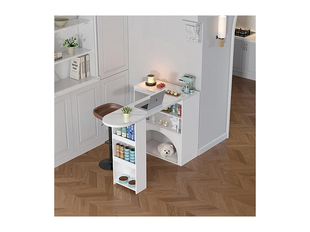 Table bar extensible pivotante espace animaux sans gamelle plateau marbre blanc