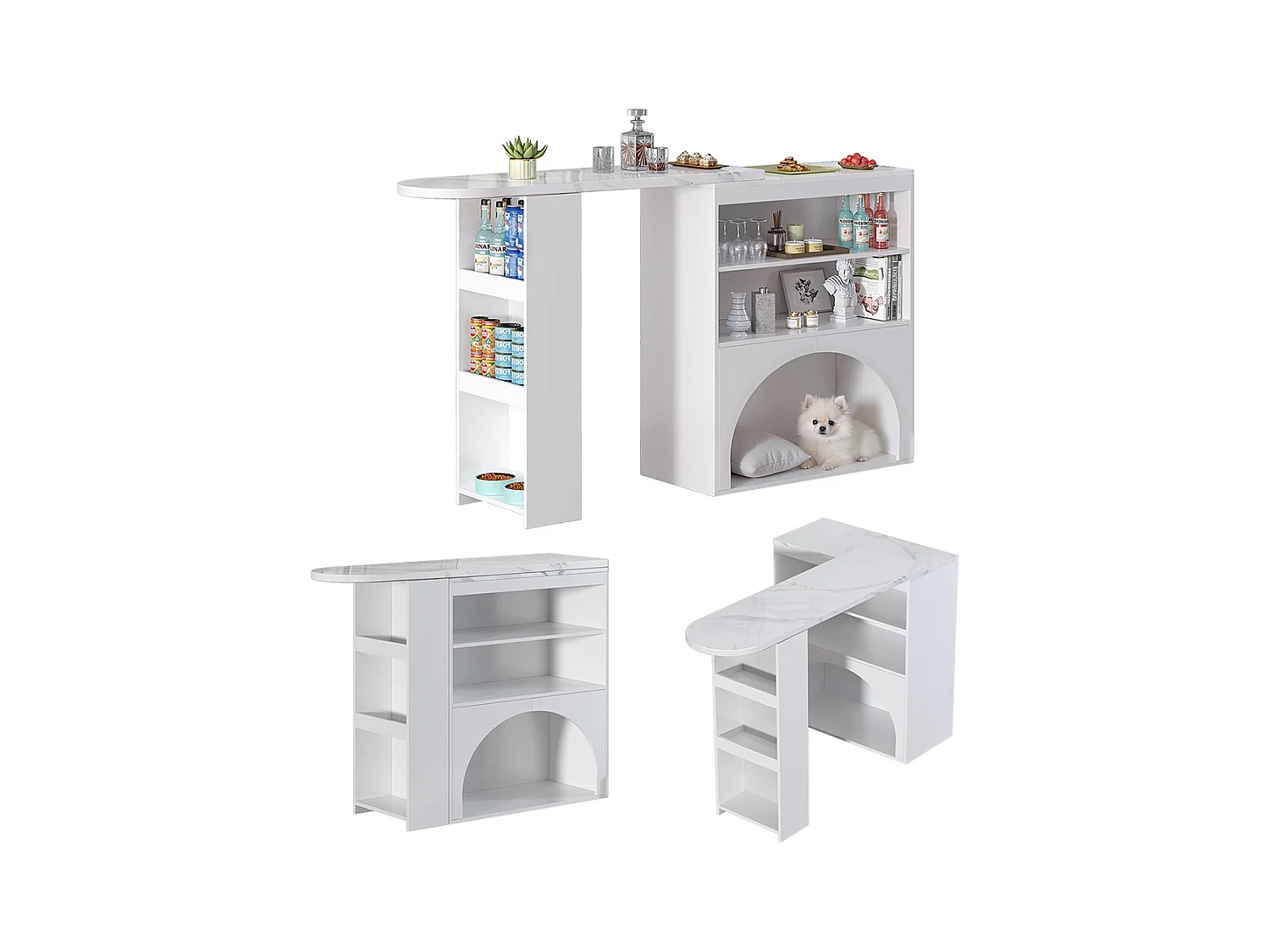 Table bar extensible pivotante espace animaux sans gamelle plateau marbre blanc