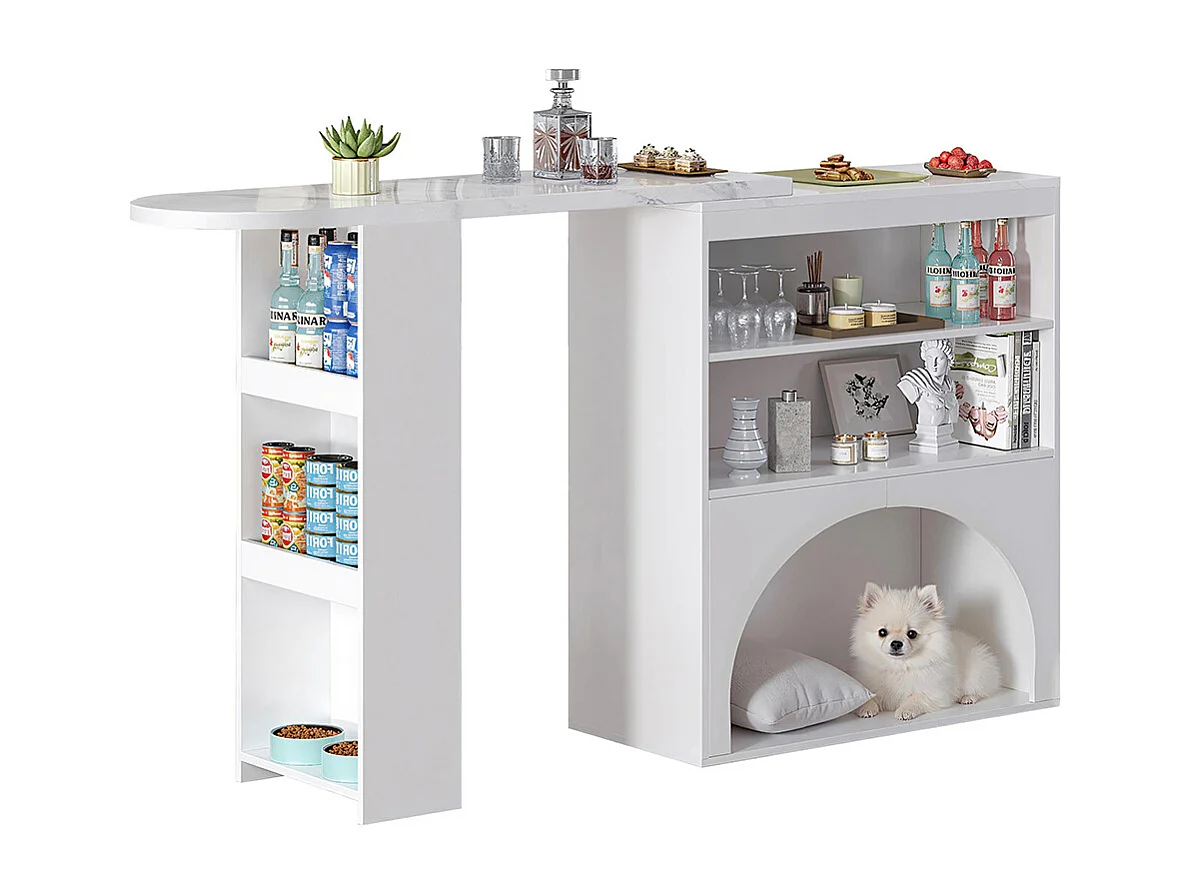 Table bar extensible pivotante espace animaux sans gamelle plateau marbre blanc