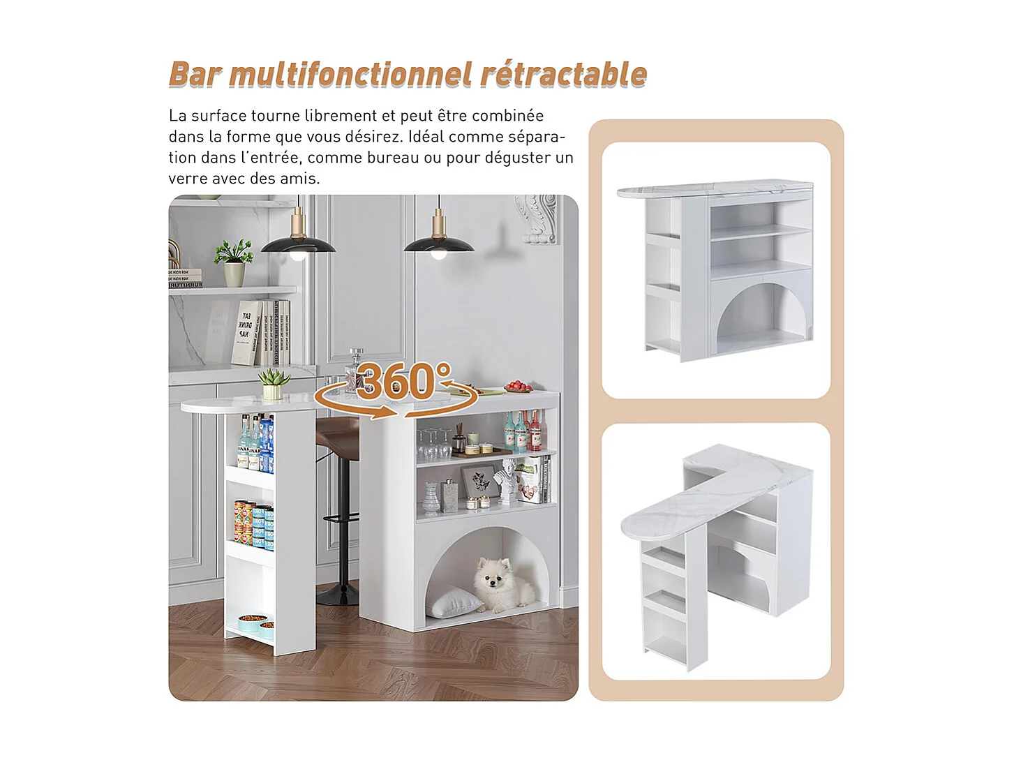 Table bar extensible pivotante espace animaux sans gamelle plateau marbre blanc