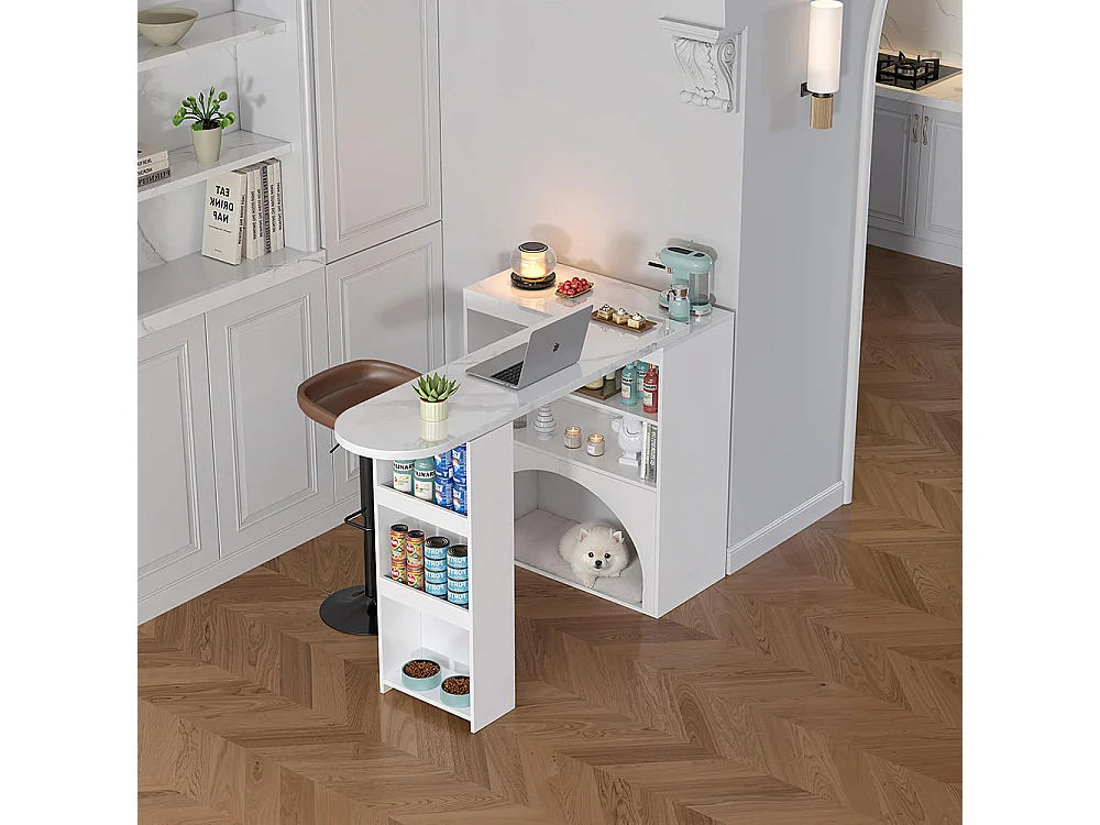 Table bar extensible pivotante espace animaux sans gamelle plateau marbre blanc