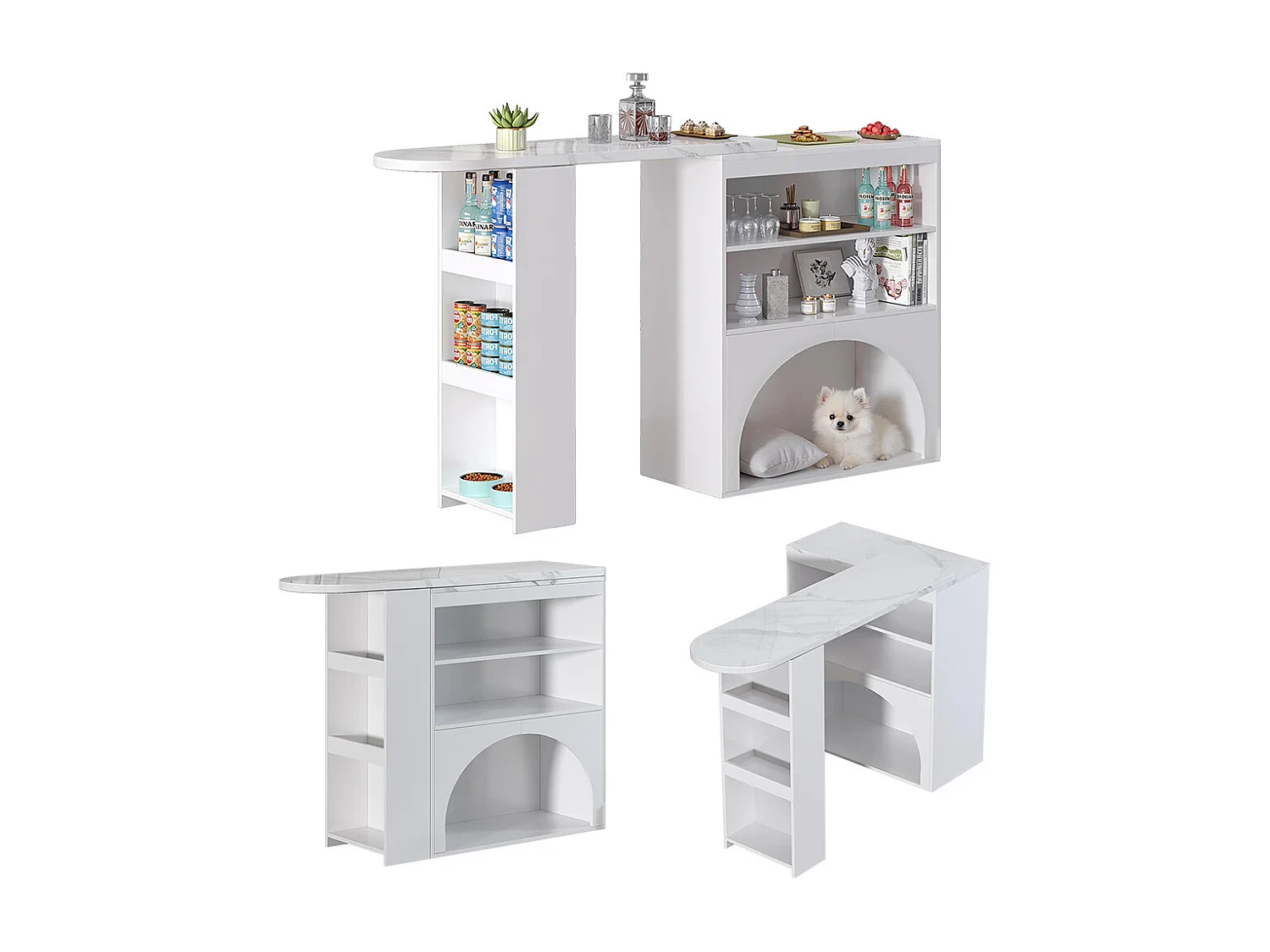 Table bar extensible pivotante espace animaux sans gamelle plateau marbre blanc