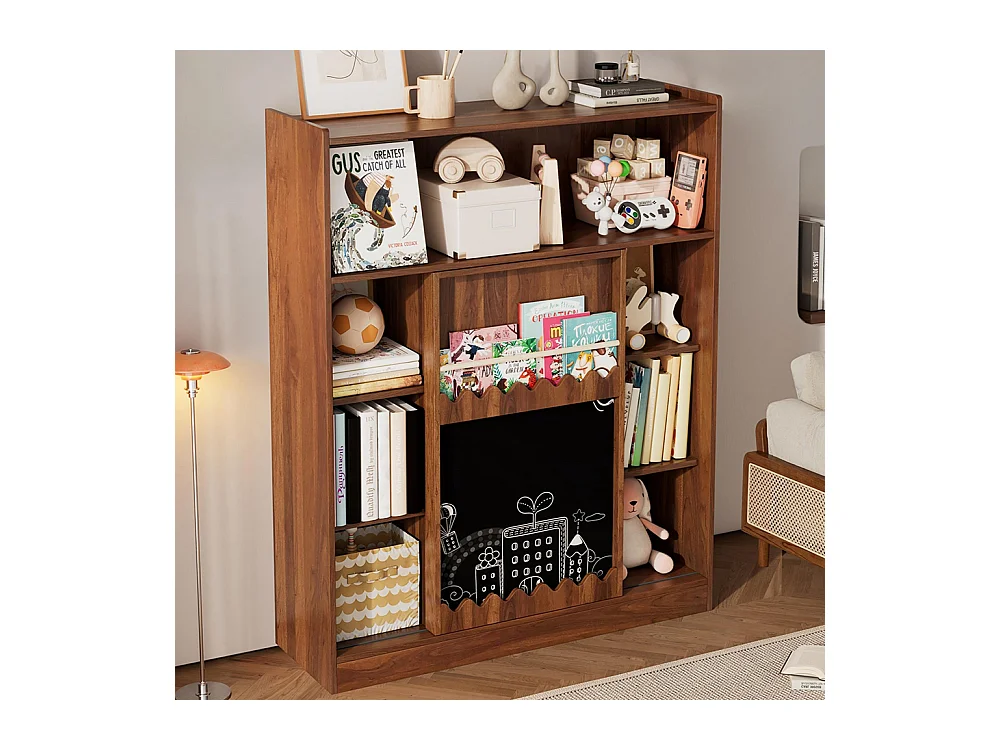 Bibliothèque tableau portes coulissantes rangement livres 9 compartiments noyer